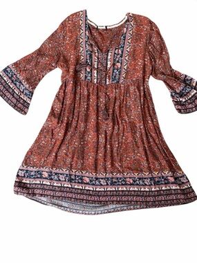 Boho Rust Floral Peasant Dress with Border Print